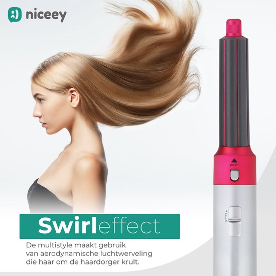 Niceey Haartrocknerbürste - Lockenstab 5-in-1 Set - Airstyler - Multistyler - Stylingbürste - Lockenstab mit Aufsätzen - Haartrockner mit Bürste - Mit Handschuh - Lockenbürste - Haarbürste - 2025 Modell - Grau/Lila