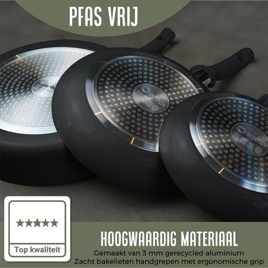 COOCK 19-teiliges Induktionskochgeschirr-Set - Spezielle Antihaftbeschichtung - Ergonomische Kaltgriffe - Recyceltes Aluminium - Bratpfannen-Set - Kochtopf-Set - Schwarz/Weiß - Inklusive Untersetzer und E-Book