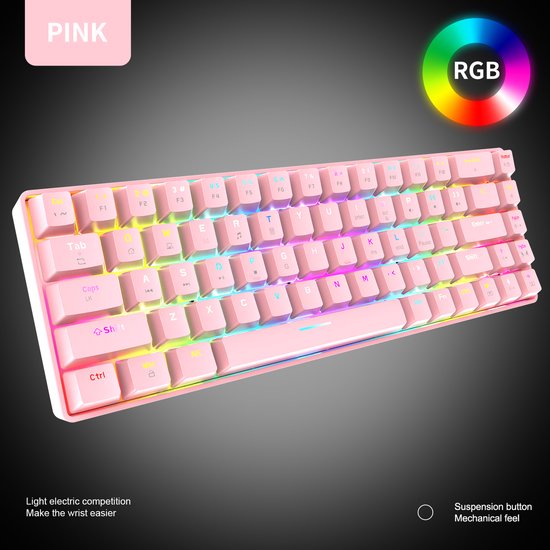 ZIYOU LANG T8 RGB Mechanische 68Tasten Gaming-Tastatur - Windows/Mac Spiele-Tastatur - Blauer Schalter - Mechanische Tastatur - Pink