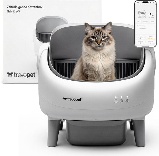 TrevoPet® Air - Automatische Katzentoilette mit App - Selbstreinigend & sicher - Für Katzen bis zu 12 kg - Inkl. Matte, 60 Abfallbeutel & Zubehör - 10-Liter-Abfallbehälter - Weiß & Grau