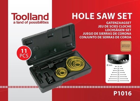Toolland 11-teiliges Lochsägen-Set für Holz, 25 mm Tiefe, gelb-schwarz, inklusive 8 Größen und Zubehör