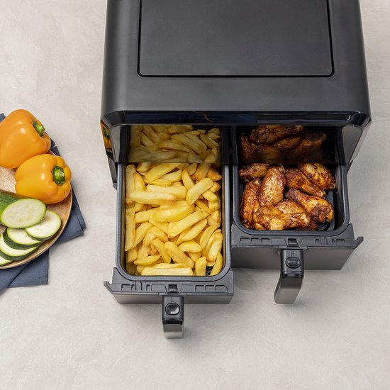 Princess Double Basket Airfryer 182068 - Double Airfryer - 8 Liter - 2 Körbe - XXL - 8 Programme - 2400W - Doppelte Heißluftfritteuse - Touchscreen - Schwarz - 80°C bis 220°C - Sync-Funktion