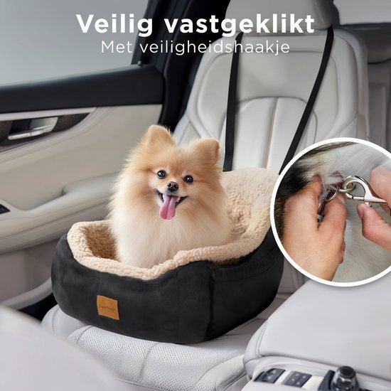 CozySense® Hundeautositz - Hundekorb Auto für kleine Hunde - Vorder- und Rücksitz - mit Sicherheitsgurt, Staufach und waschbarem Bezug - Schwarz/Beige