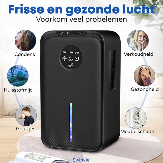 Swinkle® Luftentfeuchter und Luftreiniger - Bis zu 1L pro Tag - Geeignet für Wohnzimmer, Schlafzimmer, Badezimmer - Mit LED Bildschirm - Schwarz