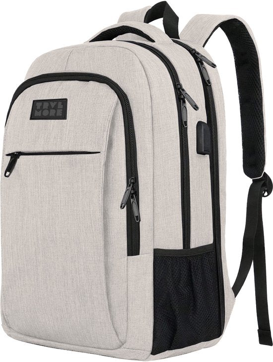 TRVLMORE Rucksack - 36L - 17.3 Zoll - Laptop-Rucksack mit USB - Schultasche - Herren und Damen - Tasche Champagner