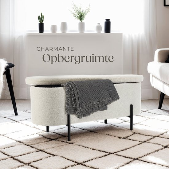 tectake Bank mit Stauraum - Sitzkasten mit Stauraum gepolstert - Sitzkasten mit Stauraum, gepolstert - Bouclé-Stoff im Scandi-Stil - 97x36x42cm - cremeweiß