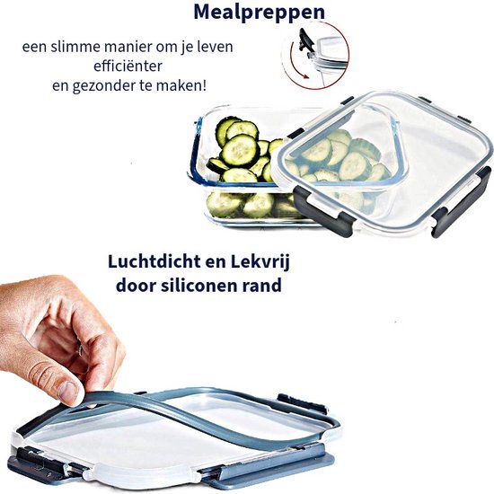 Ceruzo Meal Prep Trays - 5 Stück Frische-Schalen - Borosilikatglas- Luftdicht- 21,5 x 16 x H6,6 cm