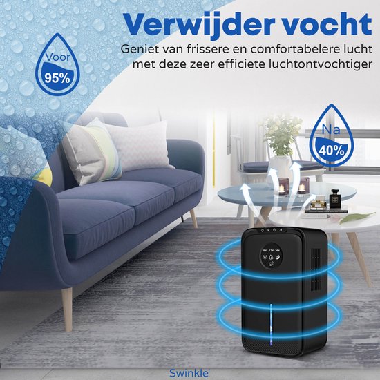 Swinkle® Luftentfeuchter und Luftreiniger - Bis zu 1L pro Tag - Geeignet für Wohnzimmer, Schlafzimmer, Badezimmer - Mit LED Bildschirm - Schwarz