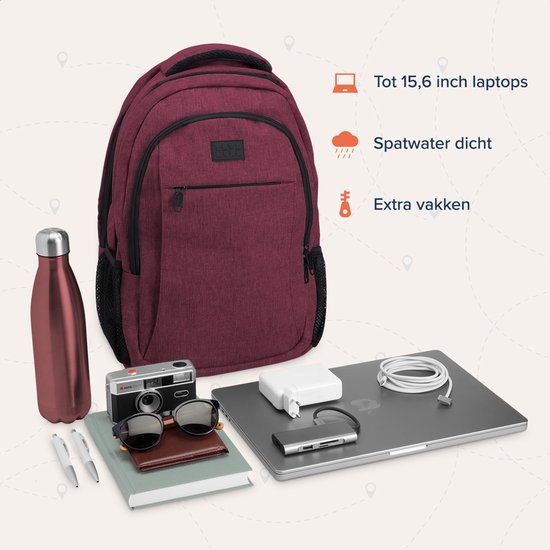 TRVLMORE Rucksack mit Lifetime - Rucksack mit 15.6 Zoll Laptopfach - Schultasche - spritzwassergeschützt - Männer und Frauen - Jungen und Mädchen - 28L - Burgunderrot