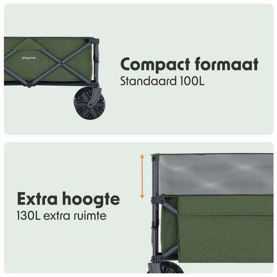 LifeGoods Wagon - Faltbarer Wagen - 100KG - 230L - Erhöht - Mit Schutzhülle - Grün