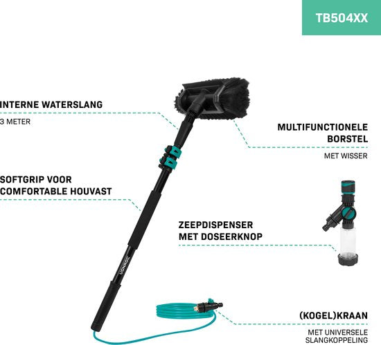 VONROC Teleskop-Waschbürste - 1,80m - Inkl. Bürstenkopf, Wasserschlauch und Seifenspender - Schwarz