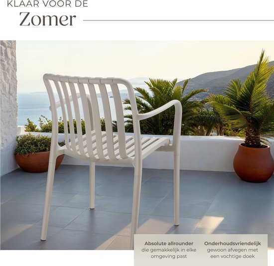 tectake® 4er Set Gartenstühle Alcudia - Taupe - Kunststoffstühle mit Armlehne - Stapelbar - Stühle für Garten, Terrasse oder Balkon - Wetterfest und UV-beständig - Belastbarkeit 120kg pro Gartenstuhl