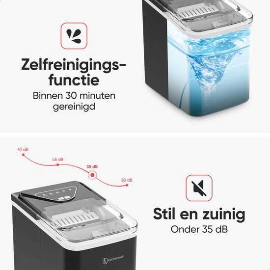 Kitchenwell Eiswürfelbereiter - 2L - Mit Eisportionierer - 12kg/24 Stunden - Selbstreinigungsfunktion - Schwarz