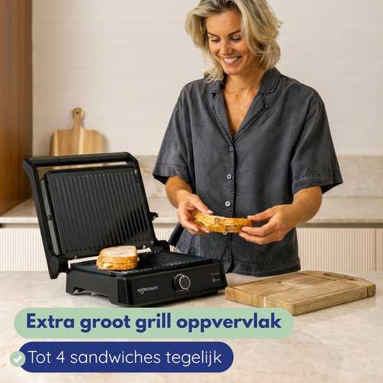 Safecourt Kitchen Toasted Sandwich Maker - Panini Grill und Toasted Sandwich Eisen - Abnehmbare PFAS-freie Platten & spülmaschinenfest - Große Grillfläche - Schnelle Hitze - Kontaktgrill - Schwarz