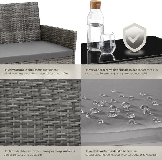 tectake® - Geflecht-Gartenset Palese - Sitzgruppe für 4 Personen - Gartenmöbelset mit Loungebank, Gartentisch und 2 Gartenstühlen inklusive Sitzkissen - Gartenmöbel - Wasserfest - Grau