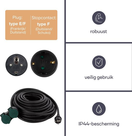 Perel Verlängerungskabel, Verlängerungsschnur, Stromkabel, Verlängerungskabel, Innenkabel mit zwei Steckdosen für den Außenbereich IP44, geerdet, Schuko, H07RN 3G2,5, PVC, Gummi, 20 m, schwarz