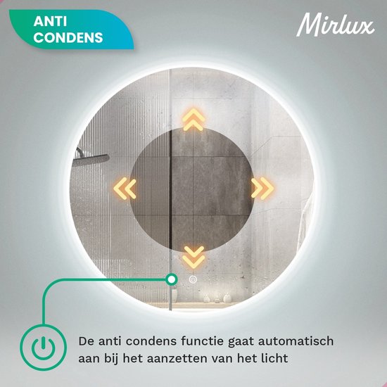 Mirlux Badezimmerspiegel mit LED-Beleuchtung & Heizung - Wandspiegel rund - Anti-Kondensations-Duschspiegel - 60CM