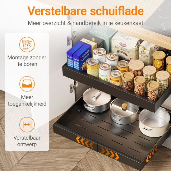 Posity Schublade - Küchenschrank-Organisator - Spülenschrank/Schubladen-Organisator - Innenschublade Küche - Ausziehbar und verstellbar (43-67 cm) - Teleskopisch - Schwarz