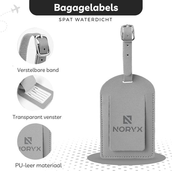 Noryx 4-teiliges Kofferetiketten-Set - Kofferetikett - Kofferanhänger - Kofferetikett - Grau, Weiß, Schwarz & Braun
