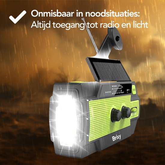 Brixy Emergency Radio - Radio mit Batterie für Notfälle - 4000 MAH - aufwickelbar - Solar - Taschenlampe - Powerbank - Grün