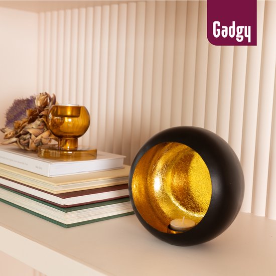 Gadgy Teelichthalter rund - Teelichthalter - Weihnachtsdekoration Wohnzimmer - Stimmungsvolle Lichter im Innenbereich - Kerzenhalter für Teelichter 17x17 cm - Windlicht Metall - Schwarz/Gold - Geschenk für Frauen