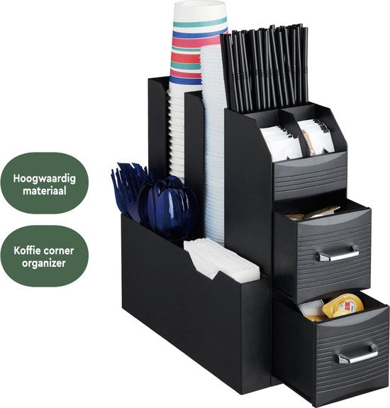 BRASQ Kaffee- und Tee-Organizer Schwarz - Platzsparender Küchen-Organizer mit 9 Fächern & 2 Schubladen - Coffee Station