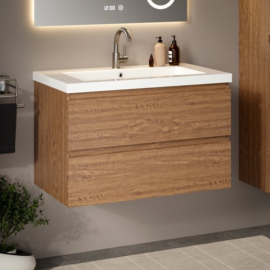 Mirlux Badmöbel Warm Oak 80 cm - Waschbecken Weiß - Badmöbel-Set - Waschbeckenschrank Warm Oak