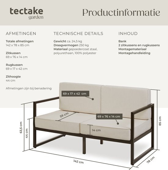 tectake® - Garten-Lounge-Sofa Comosa - Platz für 2 Personen - Gartenbank - 2-Sitzer Lounge-Sofa - Wasserabweisende und ultradicke Sitz- und Rückenkissen - Belastbarkeit 125kg pro Sitz - Braun/Beige
