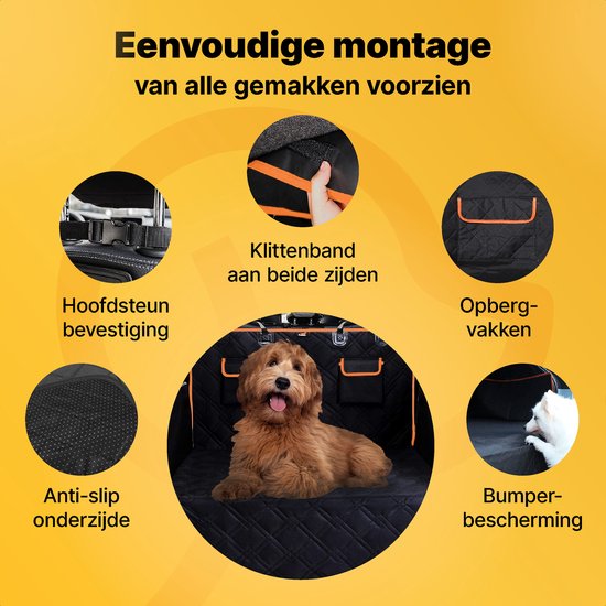 Jake und Jacky Hundedecke Auto Kofferraum - Autodecke Hund - Schutzhülle - Inklusive Aufbewahrungsbeutel & Autoriem - Schwarz/Orange