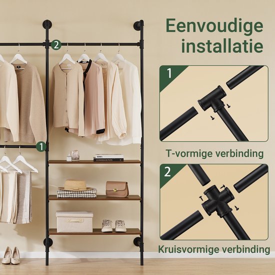 SoBuy Industrie-Kleiderständer mit 3 Stangen und 3 MDF-Einlegeböden, robuster offener Kleiderschrank, industriell schwarz KLS18-SCH