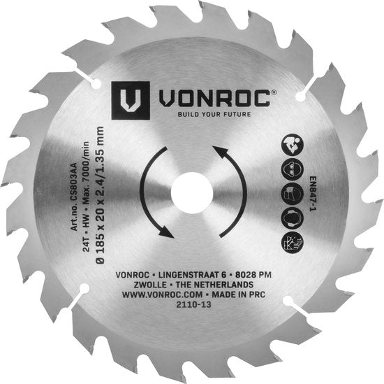 VONROC Kreissägeblatt - 185x20mm - 24 Zähne - Geeignet für Holz - Universal