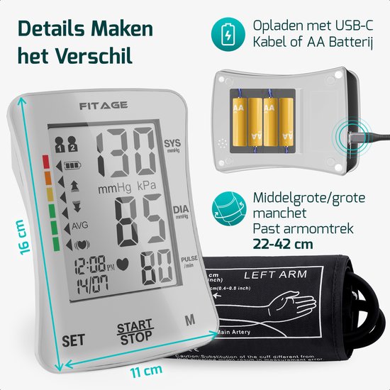 FITAGE Medical Oberarm-Blutdruckmessgerät - Blutdruckmessgeräte - Herzfrequenzmessgerät - Blutdruckmessgerät - Manschette 22-42cm - WEISS
