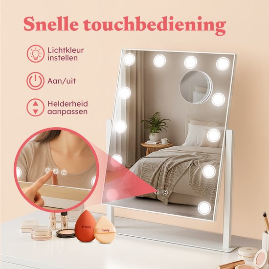 Fraay® Hollywoodspiegel mit Beleuchtung 41x30cm - 3 Lichtstufen - Schminkspiegel mit 10-facher Vergrößerung - LED-Spot-Beleuchtung dimmbar - inkl. Beauty Blender und Puderquaste