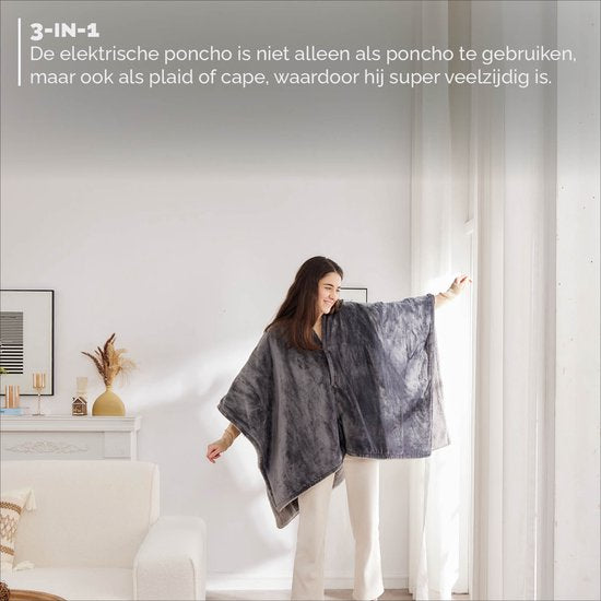 BREND BR-2220 Elektrische Decke und Poncho - Sherpa und Flanell Fleece Plaid - Wärmeumhang - 160 x 130 cm - 9 Temperaturstufen - Anthrazit