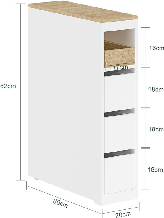 SoBuy Toilettenschrank 20 cm, Badezimmerschrank mit 3 Schubladen, kleiner Toilettenpapierschrank, mobiles Regal für Bad, WC und Küche, weiß, 60 x 20 x 82,3 cm