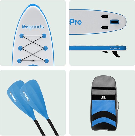 LifeGoods PaddlePro SUP Board - Aufblasbares Paddle Board - Komplettset - Max. 135KG - 320x81cm - Weiß/Himmelblau