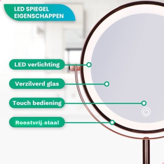 Mirlux Make-up-Spiegel mit LED-Beleuchtung - 10-fache Vergrößerung - Rasierspiegel Small On Foot - 3 Lichtstufen - wiederaufladbar - Vergrößerungsspiegel Pink Gold