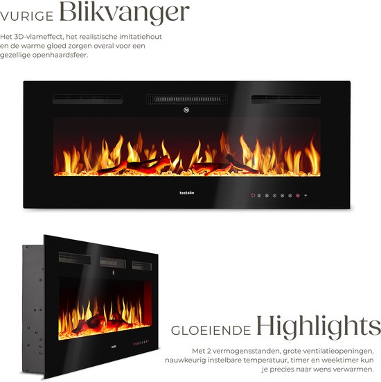 tectake® Wandkamin - Elektrokamin - Atmosphärischer Kamin - 106,5 x 12 x 43 cm - 900W & 1800W - Steuerung per Fernbedienung oder App - mit Thermostat - Ofen - mit Heizung - Kamine - Holz- und Glüheffekte - 3D-Flammen - Timer