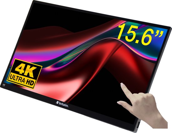 Verbatim - 15,6" tragbarer 4K-Touchscreen-Monitor PMT-15-4K - 357,1 x 215 x 12 mm - mit IPS-Technologie und HDR sowie 10-Punkt-Multi-Touch und verstellbarem Ständer - für Spiele und den geschäftlichen Einsatz - Schwarzes Aluminium