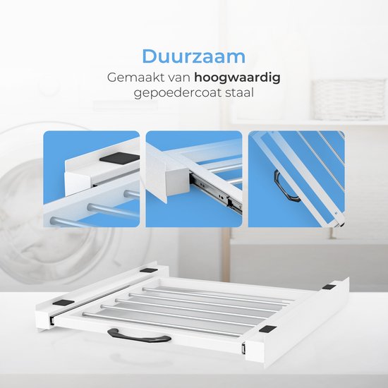 Skoov Abstandshalter für Waschmaschine & Trockner - Stapelset - Mit ausziehbarem Fachboden - Universal - Trockner - Möbel - inkl. Schwingungsdämpfer und Spannband