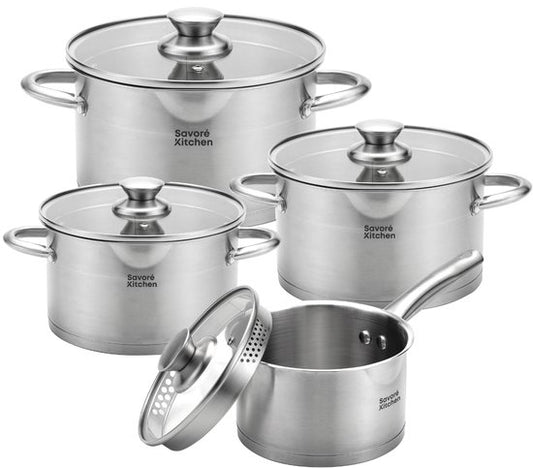 Savoré Kitchen 8-teiliges Pfannenset - Edelstahl - Kochtöpfe mit Glasdeckel - Induktionspfannen - Abtropfrand, Graduierung und Ausgießer