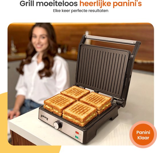 Goliving Toasti Machine XL - Kontaktgrill - Toasti Eisen - 29 x 23 cm - Panini Grill - Kompakt - Einstellbare Temperatur - Schwarz