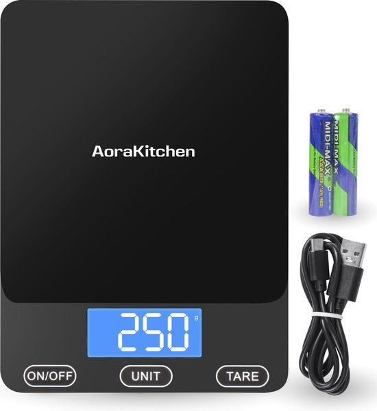 AoraKitchen Küchenwaage Digital - Usb Wiederaufladbar - 1g bis 15kg - Präzisionswaage - Tara