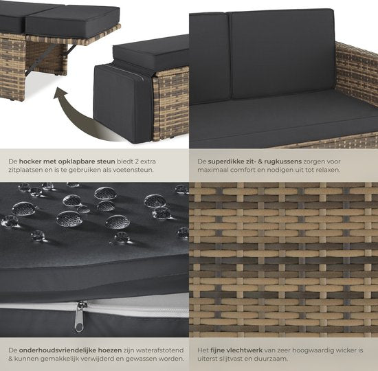 tectake® Lounge-Sofa aus Geflecht - Mit Ottomane - Für 2 Personen - Lounge-Sofa mit Sitz- und Rückenkissen - Wetterfest - Ideal für Terrasse, Wintergarten und Balkon - Maße Sofa (LxBxH) 119 x 64,5 x 71,5 cm - Natur