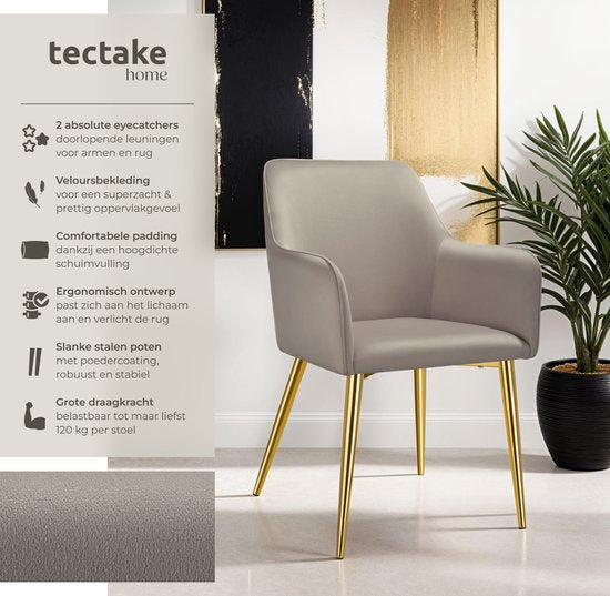 tectake Esszimmerstuhl Avane - Samtoptik - Gepolsterter Stuhl mit ergonomischen Armlehnen - Schlanke Stahlbeine in Gold - Belastbarkeit 120 kg - Komfortabler Ess- und Küchenstuhl - 2er-Set - Taupe