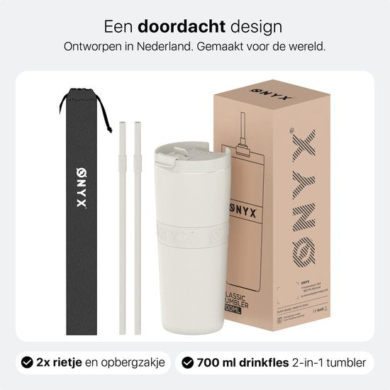 ONYX Trinkflasche mit Strohhalm 700ML - Trinkflasche für Kinder & Erwachsene - Thermosbecher Edelstahl Reisebecher - Motivationstrinker - Trinkbecher für die Schule - Coco White