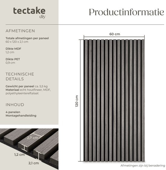 tectake® Akustikpaneele - 4er-Set - Akustik-Wandpaneele - 60 x 120 cm - 2,88 m² - Wandpaneele mit verstellbarer Größe - Lattenwand aus MDF und Holzfurnier - Schalldämmung - Stilvolle Wanddekoration - Einfache Montage - Eiche Hellgrau