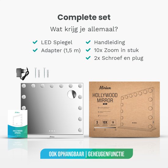 Mirlux Hollywood Mirror 58x48CM - Bluetooth-Spiegel mit 2 Lautsprechern - Schminkspiegel mit Beleuchtung - 15x LED-Lampen - 3 Lichtmodi - 10-fache Vergrößerung - Hollywood-Spiegel mit USB & USB-C - Luxuriöser weißer Schminkspiegel für Schminktisch oder Ba