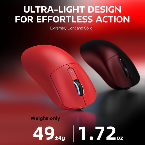 ATTACK SHARK Kabellose Gaming-Maus - Kabelgebunden/2.4G/BT5.4 - Leichtgewicht 49G - PAW3395 - 26000DPI - Rot