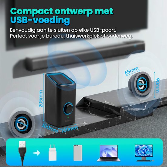 PC-Lautsprecher - Mit Bluetooth 5.0 - Computer-Lautsprecher - Lautsprecher für PC - USB-C und USB-A - Komplettes 3-teiliges Set - Lautsprecher-Set - Schwarz und Blau - Faas